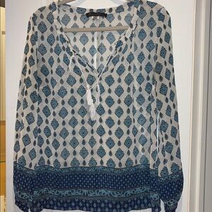 ROSE & OLIVE BLUE AND WHITE DESIGN BLOUSE WITH WHITE TASSEL CLOSURE
SHEER TOP